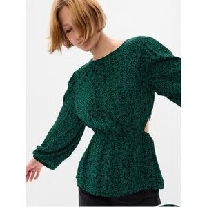 GAP Green Floral Cutout Peplum Rayon Long-Sleeve Top S Casual